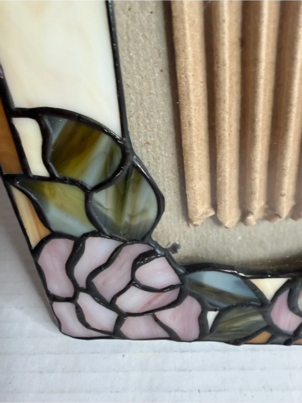 Stained Glass Metal Frame Picture Photo 5x7” Frame Pink Rose Leaves